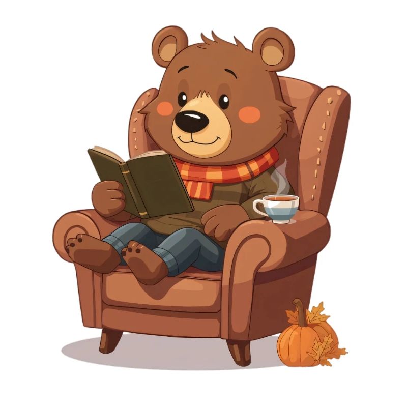 Ours de lecture dans le fauteuil d’automne