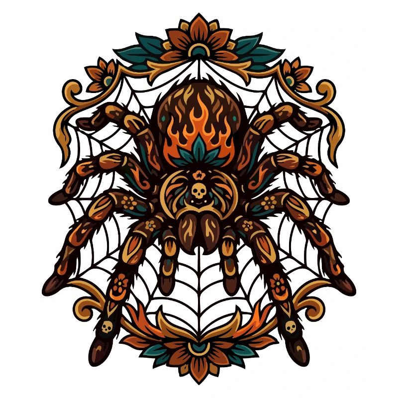 Tarantula Fire Flames Spider Web Pattern Motif