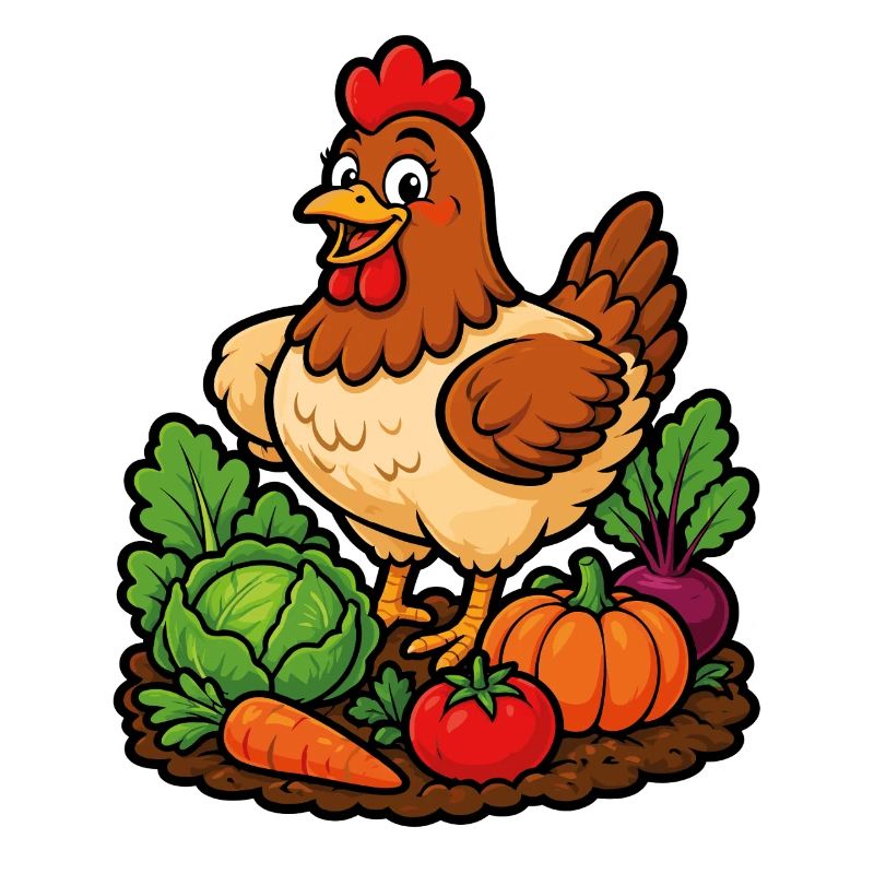Poule joyeuse dans le potager