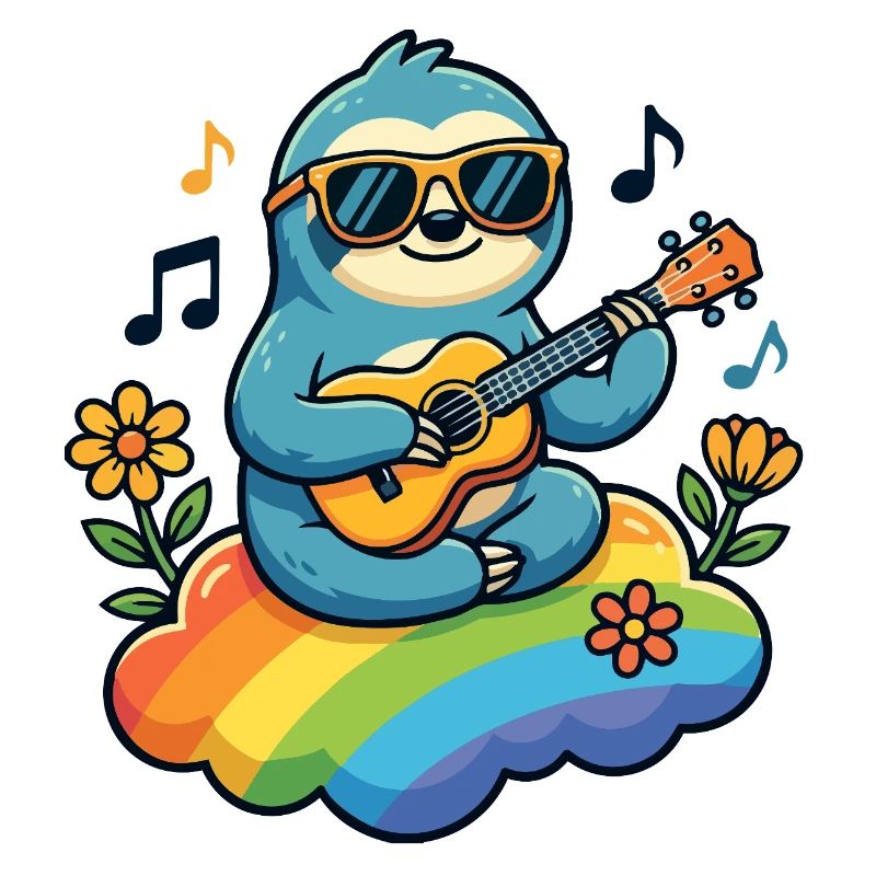 Sloth with guitar on rainbow cloud hippie