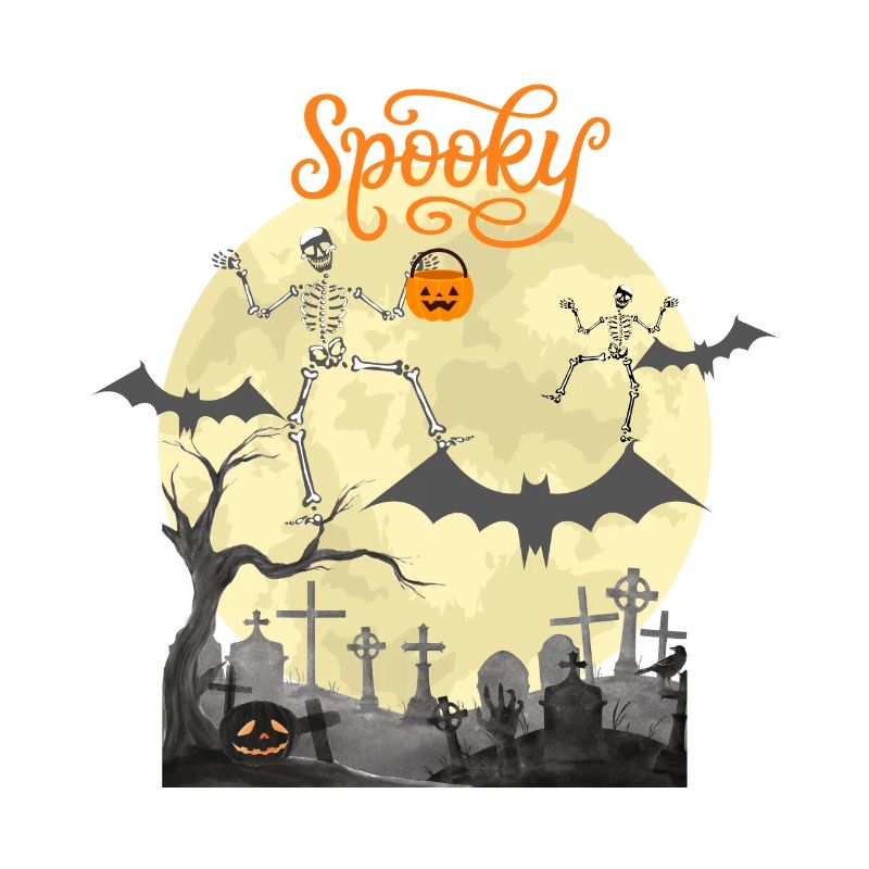 Spooky Dancing Skeletons Bats Moon Pumpkin