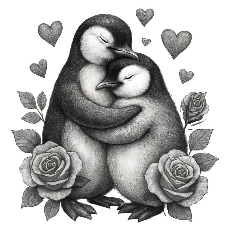 Hugging penguins with roses