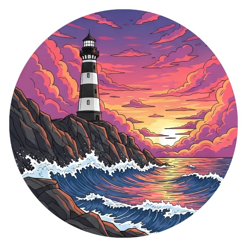 Bande dessinée phare mer surf coucher de soleil