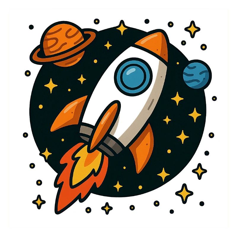 Retro space rocket in star orbit