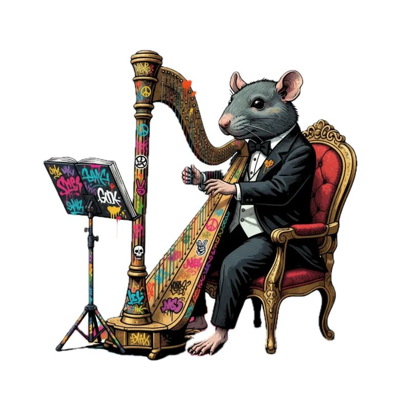 Rat in suit playing harp graffiti