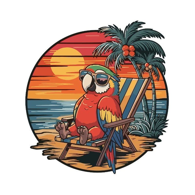 Funny Parrot on Beach Summer Vacation Sunset