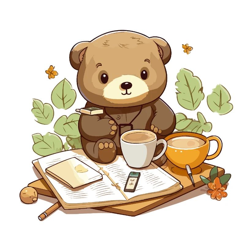 Cuddly bear reading with coffee