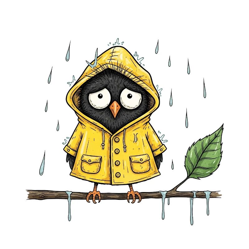 Rainy Owl in Yellow Raincoat