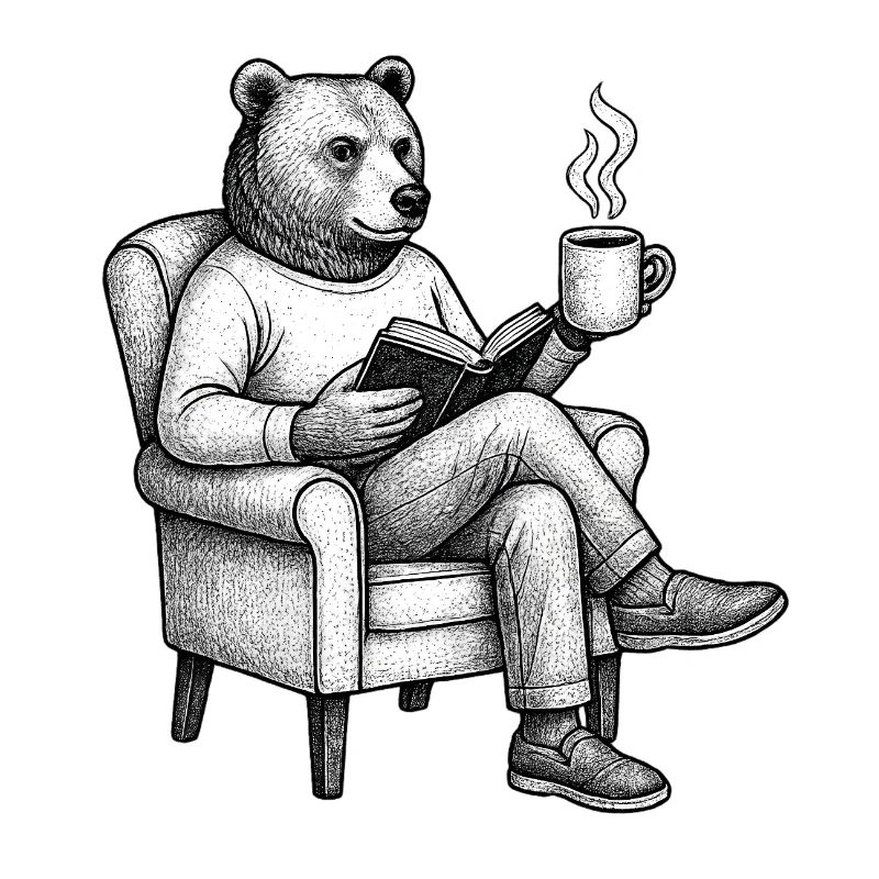 Bear Reader with Book and Mug