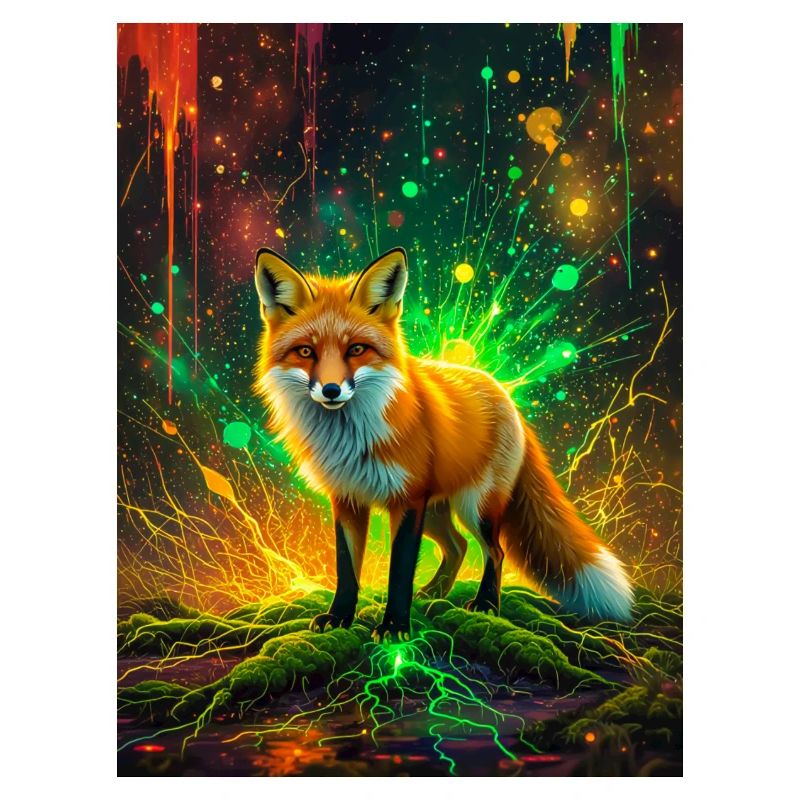 A glowing fox walks through waves of coral and eme