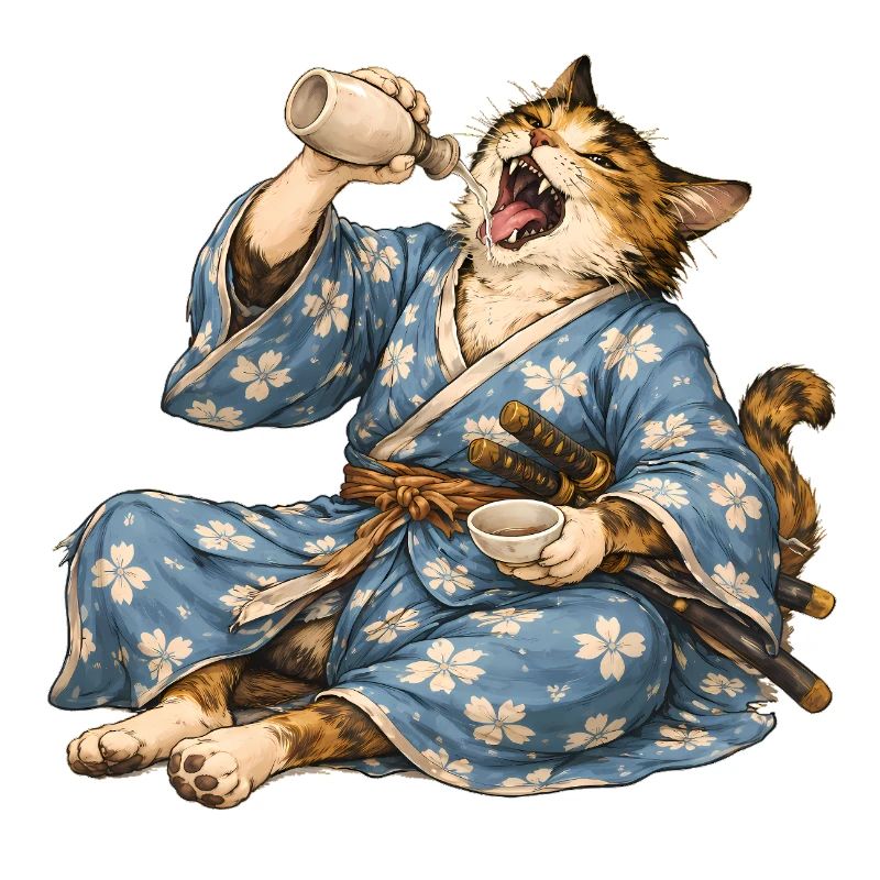 Samurai Cat Sake Japanese Ukiyo-e Style