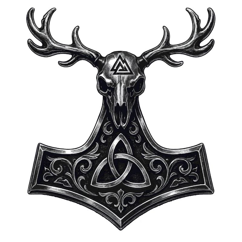 Crâne de cerf Valknut | Symbole païen de Mjölnir