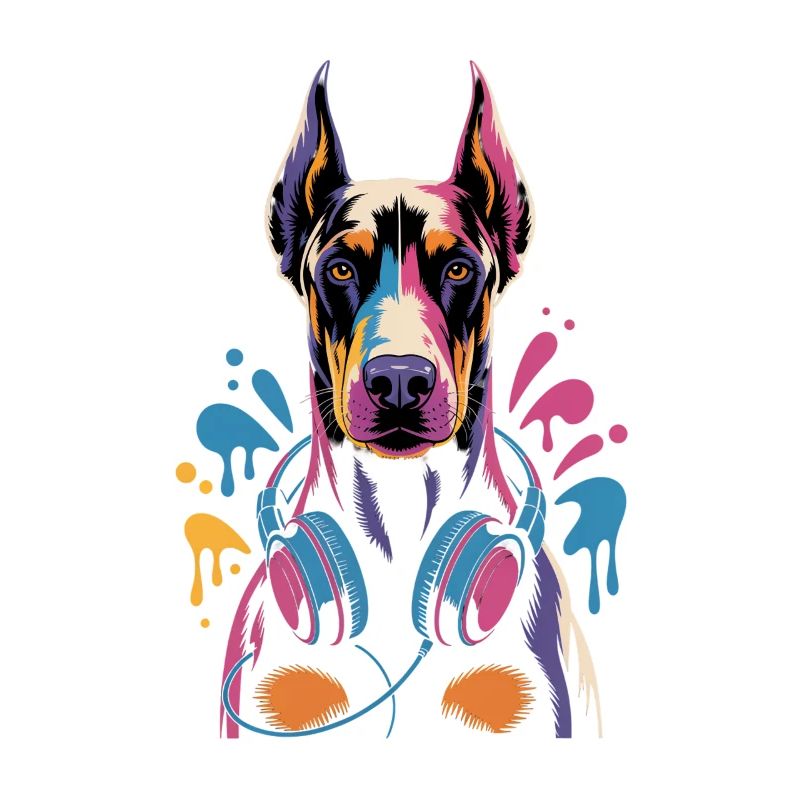 Dobermann mit Kopfhörern