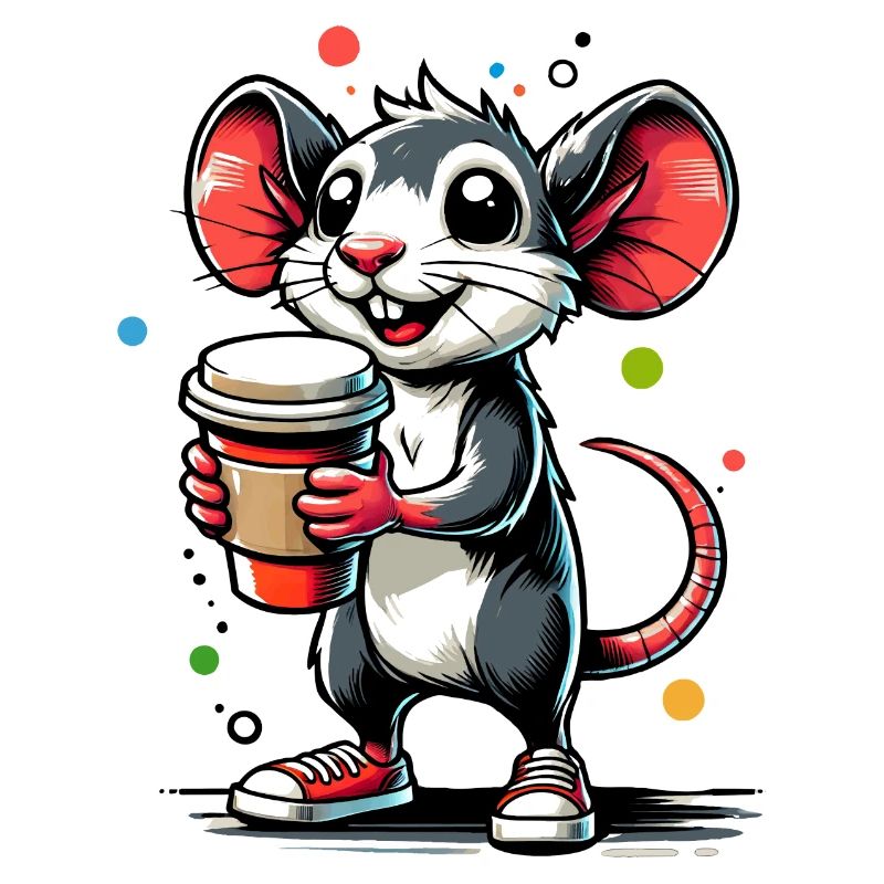 Dessin animé d’une souris joyeuse avec du café