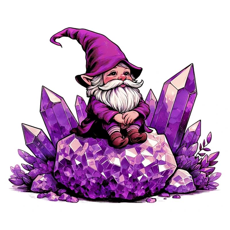 Gnome sitting on an Amethyst Crystal