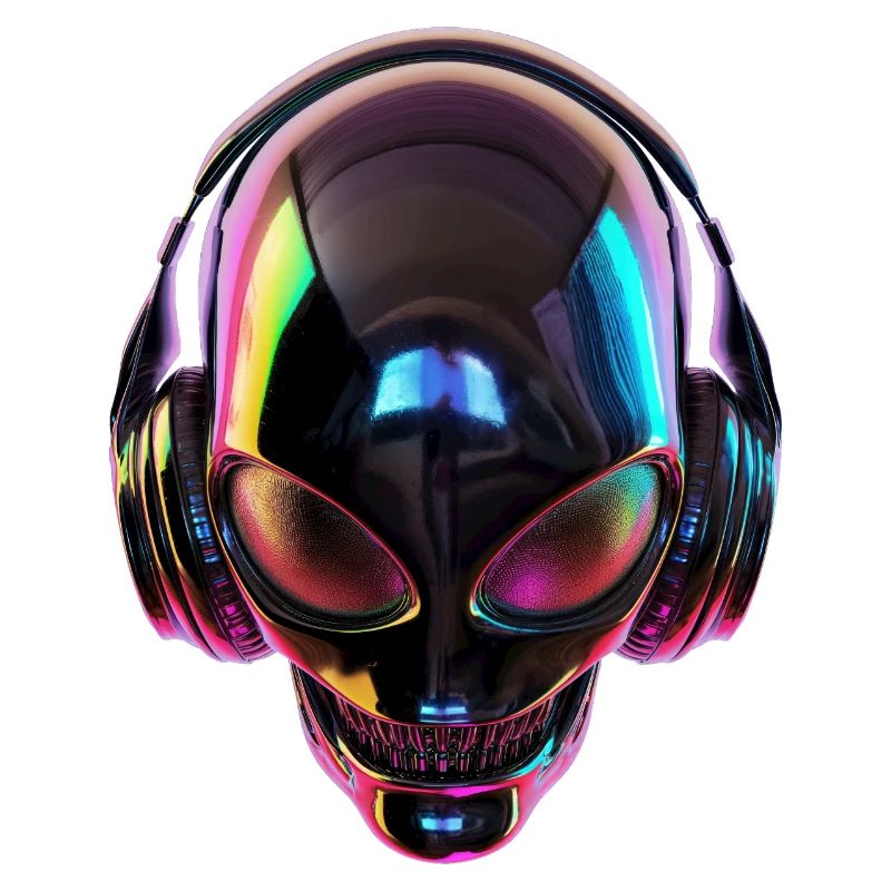 Schwarzer Alien-Kopf mit Kopfhörern