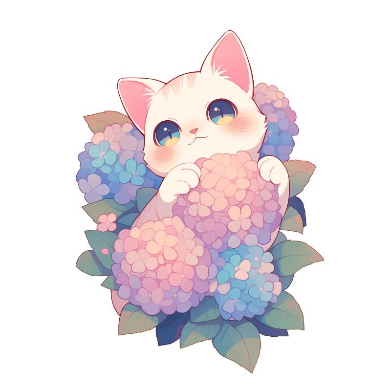 Kawaii White Cat Hydrangeas Flowers Chibi Style