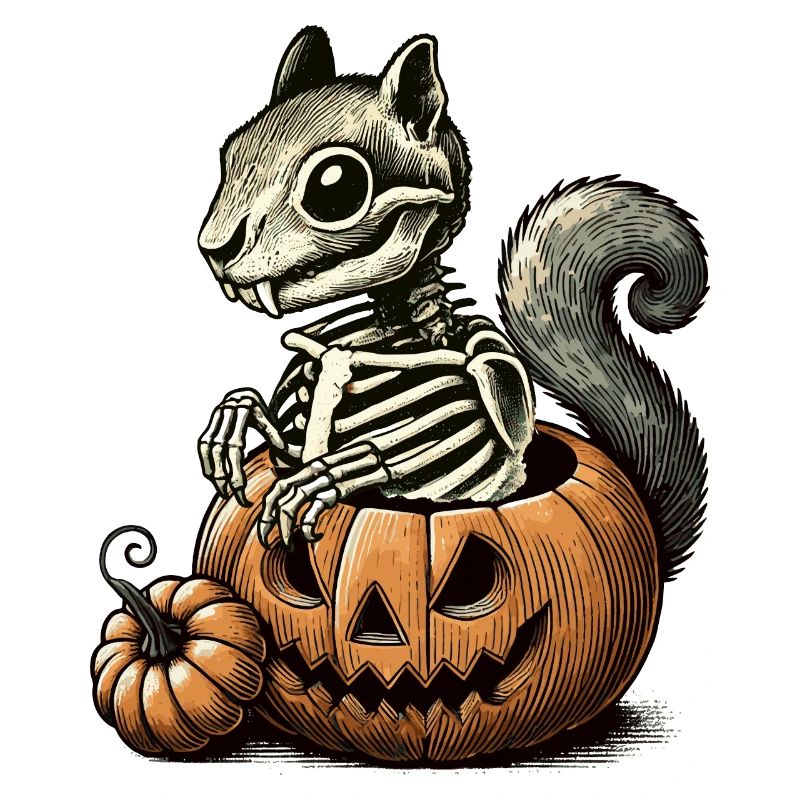 Skeleton squirrel motif in a pumpkin