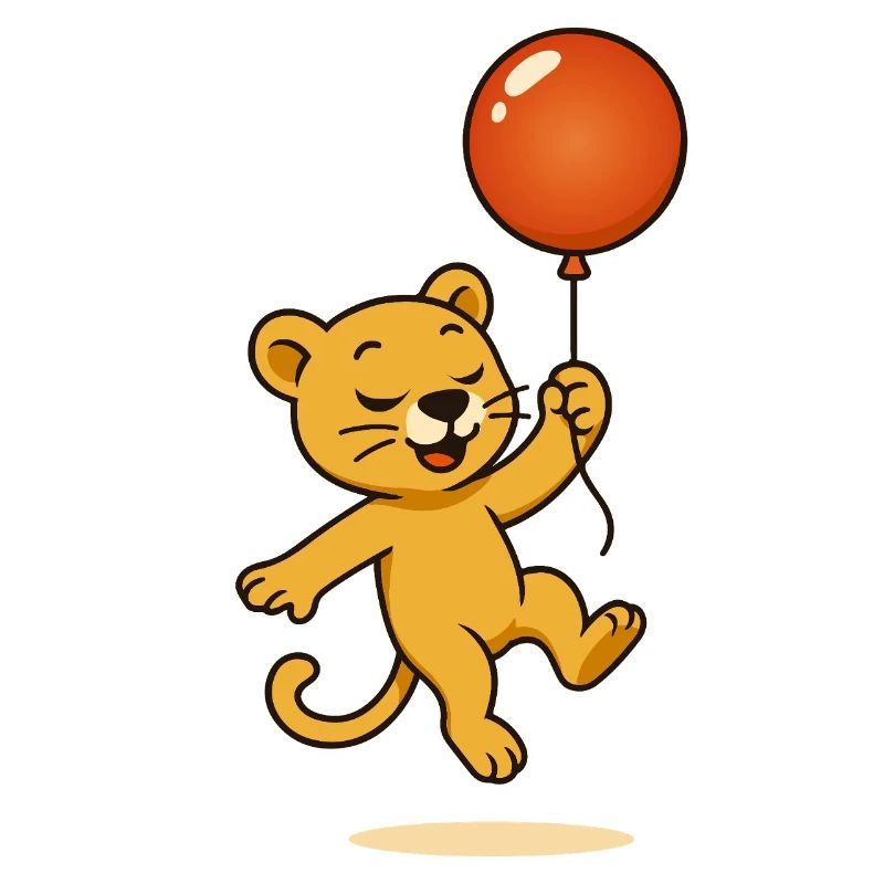 Fröhlicher Löwe mit Ballon schwebt durch die Lüfte