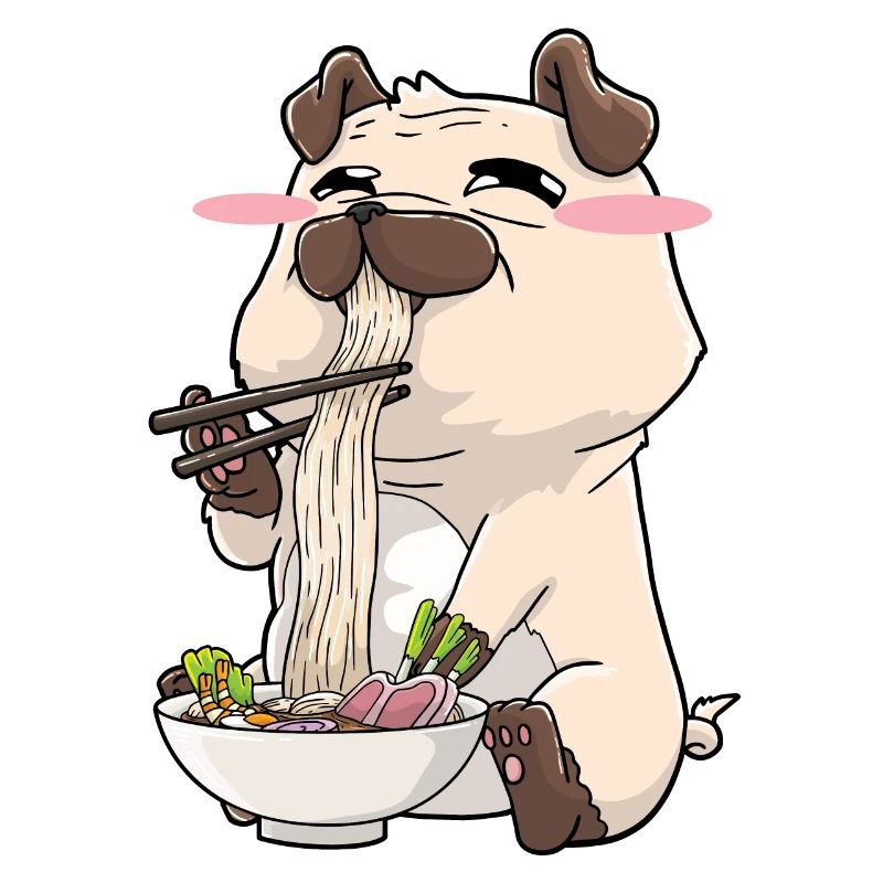 Pug eats ramen