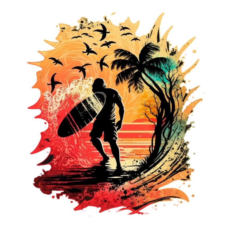 Cool surfer in sunrise under palm trees