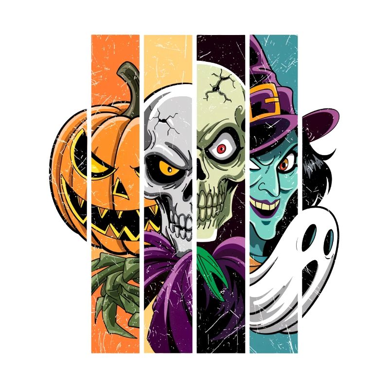 Halloween Monsters: Witch, Ghost, Skeleton, Skull.