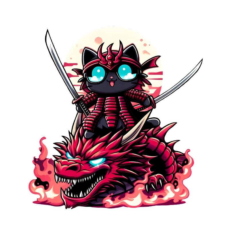 Chat samouraï avec épée sur dragon dans une bataille épique 3D