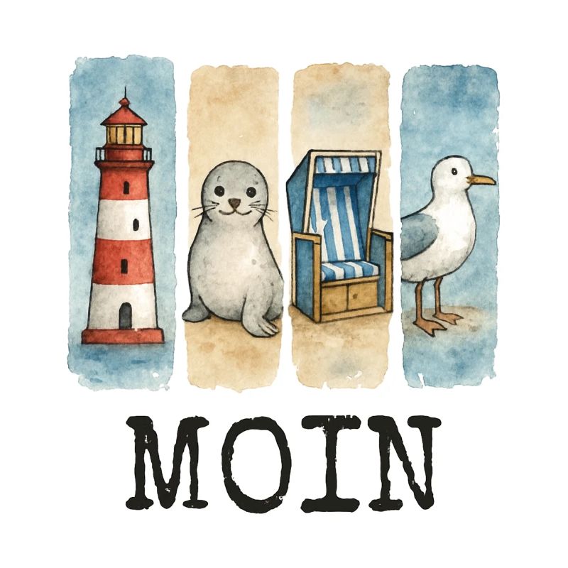 Moin Leuchtturm Robbe Strandkorb Möwe Küste