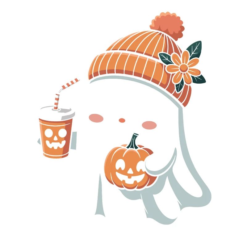 Cute Ghost With Pumpkin Spice Latte And