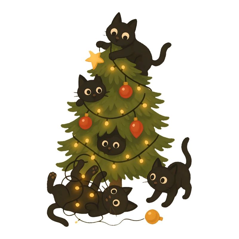 Funny Cats Playing Around Christmas Tree