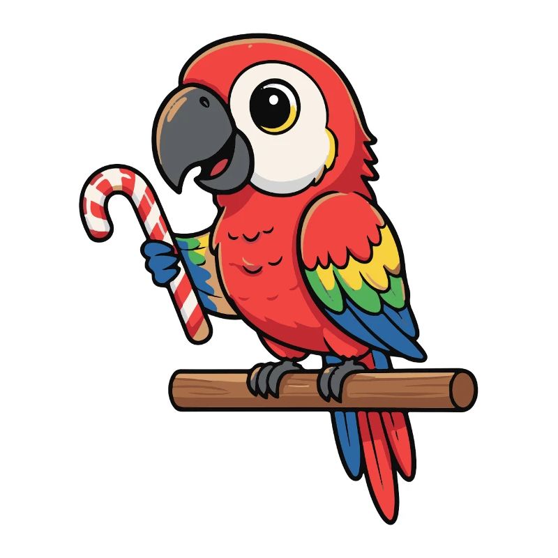 Cheerful parrot with candy cane