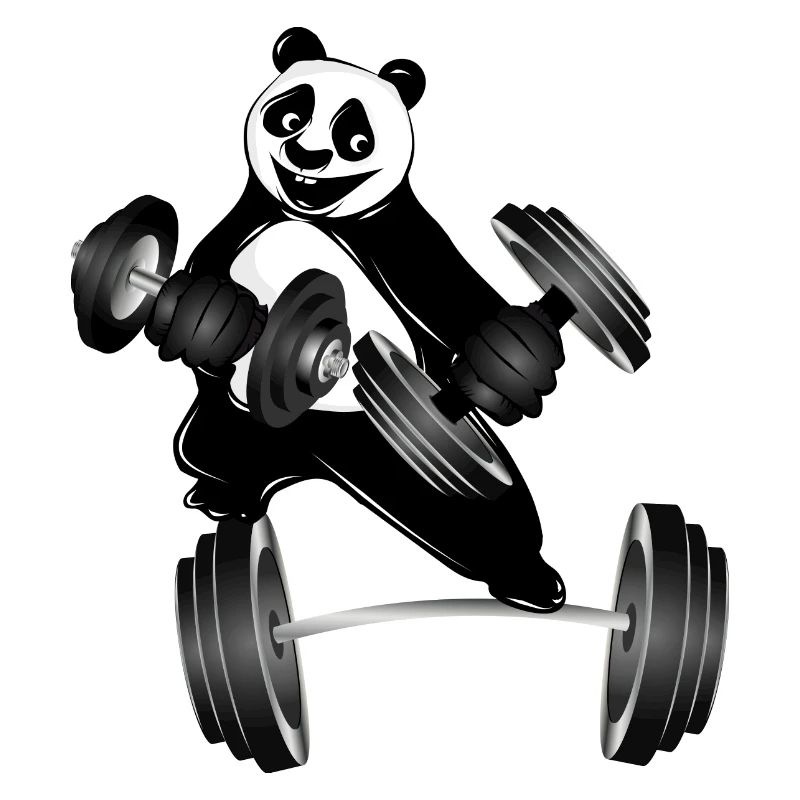 Bodybuilder panda bear with dumbbells while exercising