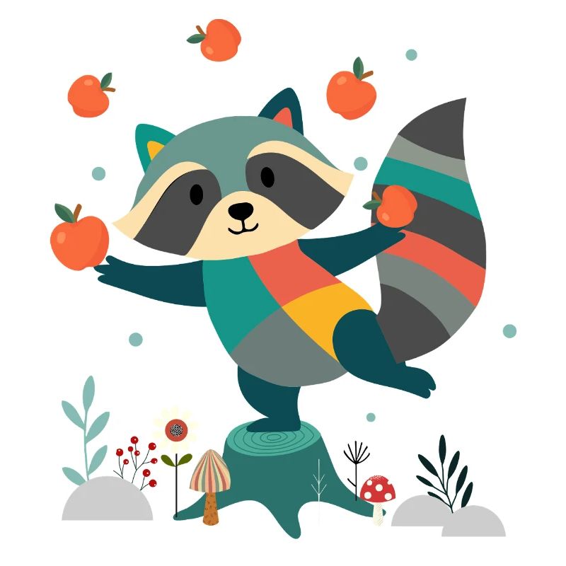 Playful raccoon happily juggling apples