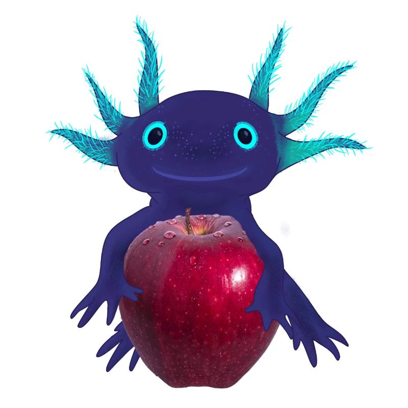 Blue Axolotl with Red Apple, Hand Drawing