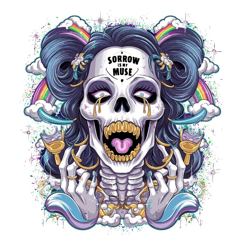 Glittering skeleton skull with rainbow