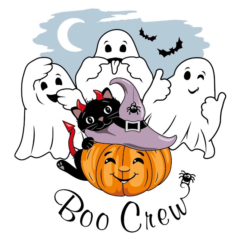 Three funny ghosts, black cat and smiling pumpkin