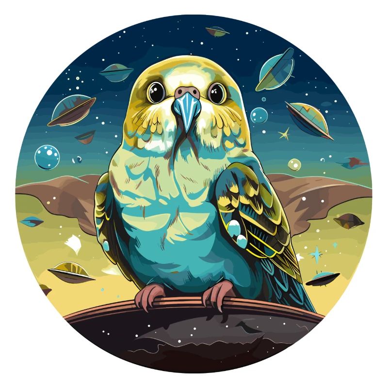 Funny budgie with UFOs in space