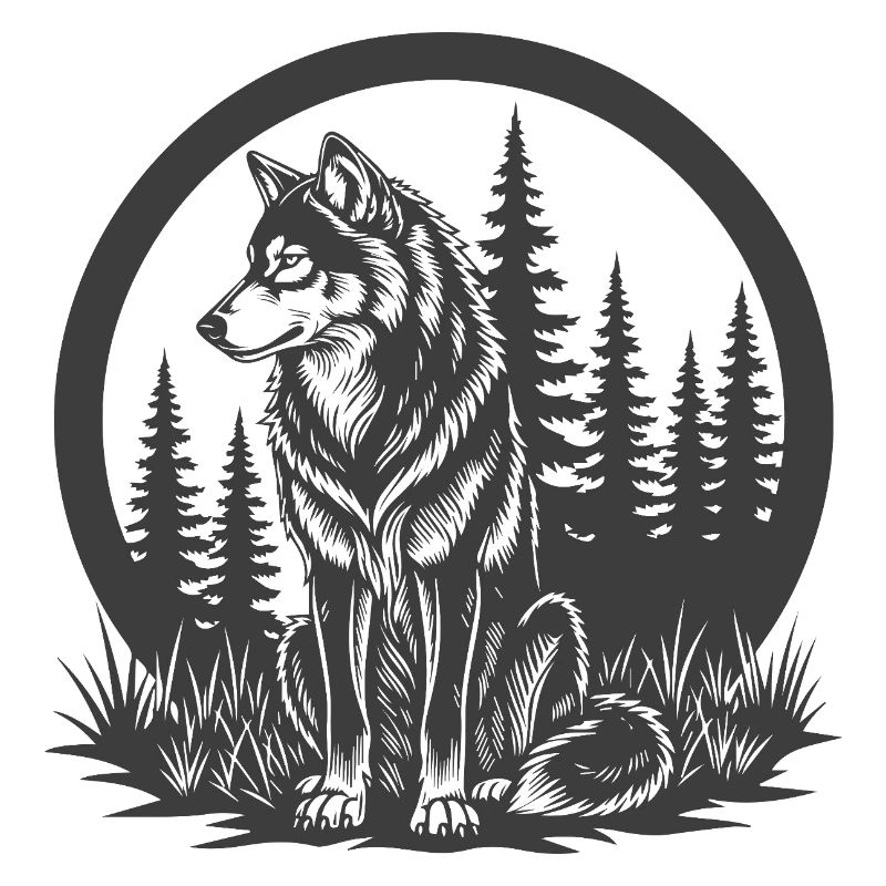 Wolf in the woods in a circular frame