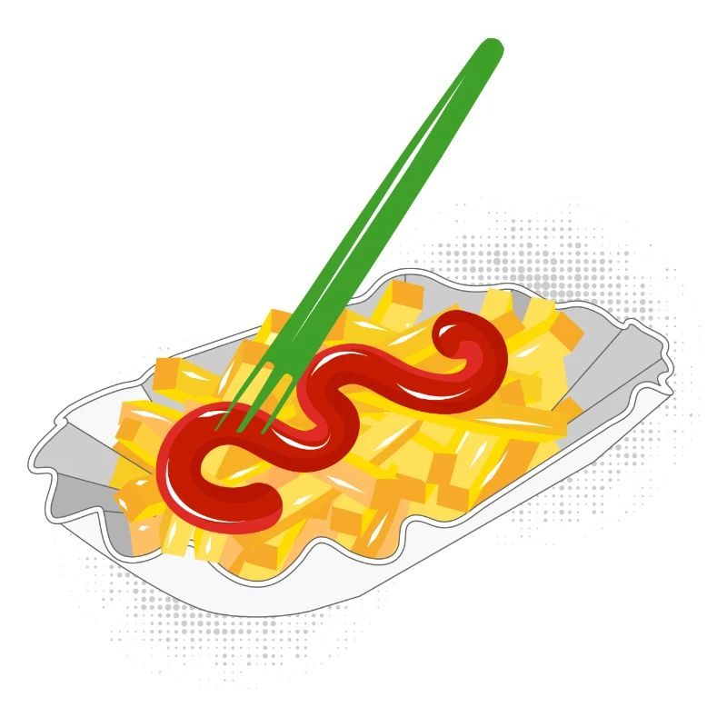 Pommes mit Ketschup in der Pappschale und Gabel