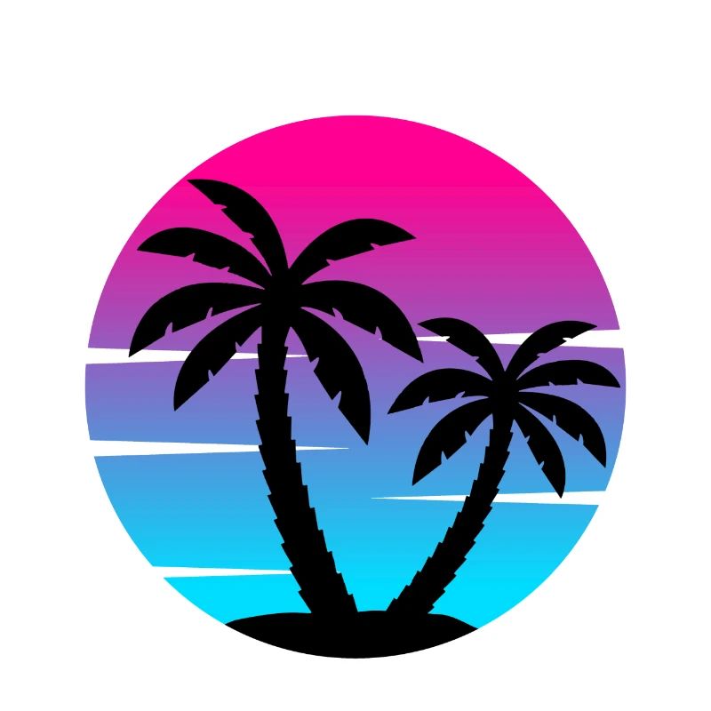 80s synthwave sunset with palm trees in a circle