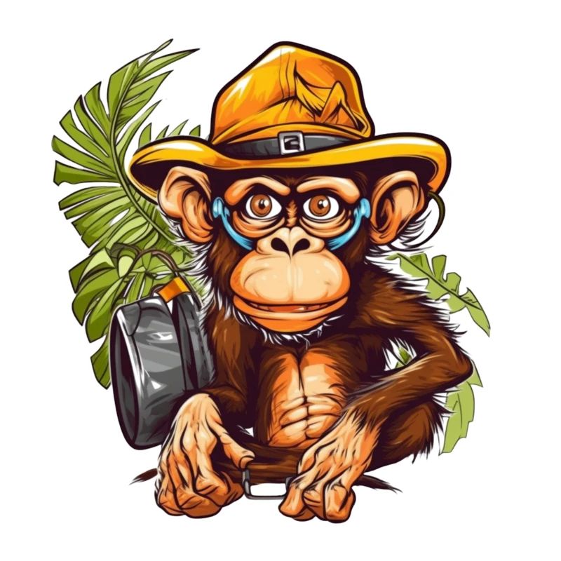 Adventure monkey with safari hat and backpack