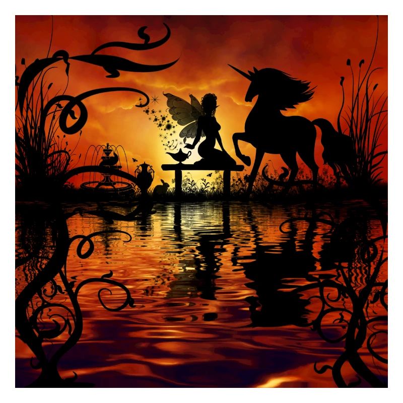 Merveilleuse fée avec licorne au soleil.