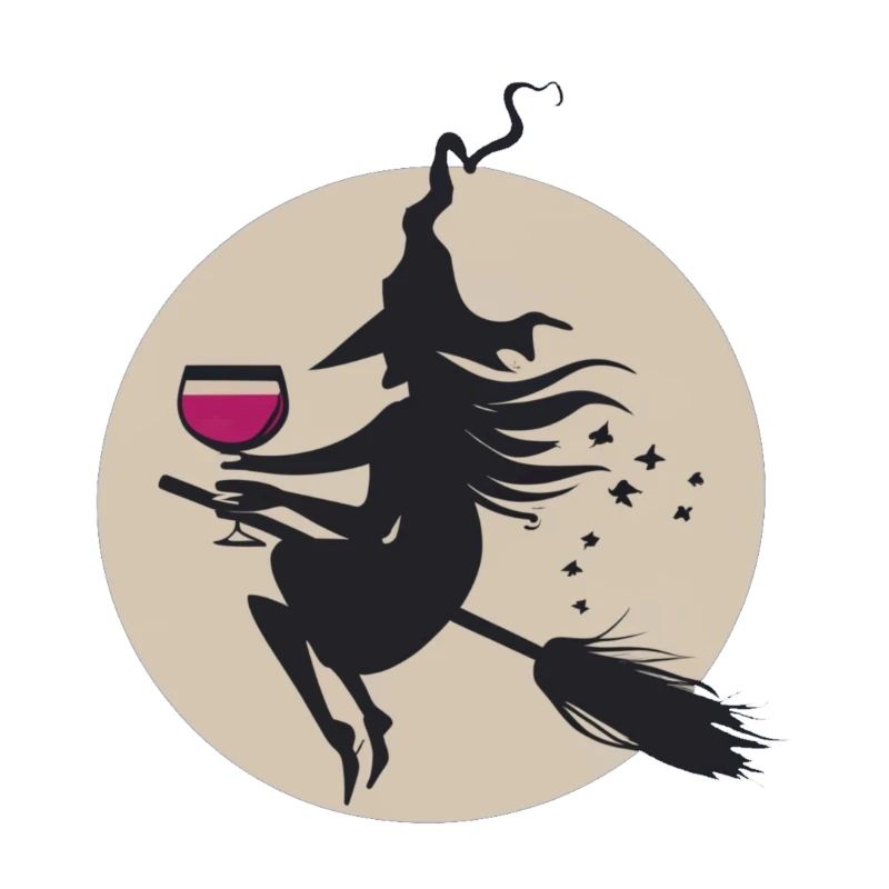 Moonlit Witch on Broom with Wine