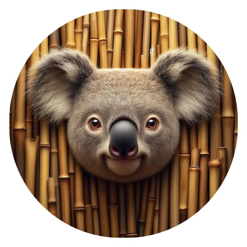 Tête de koala devant un mur de bambou