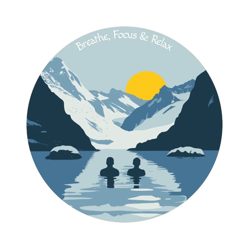 Two people taking an ice bath in the cold mountains