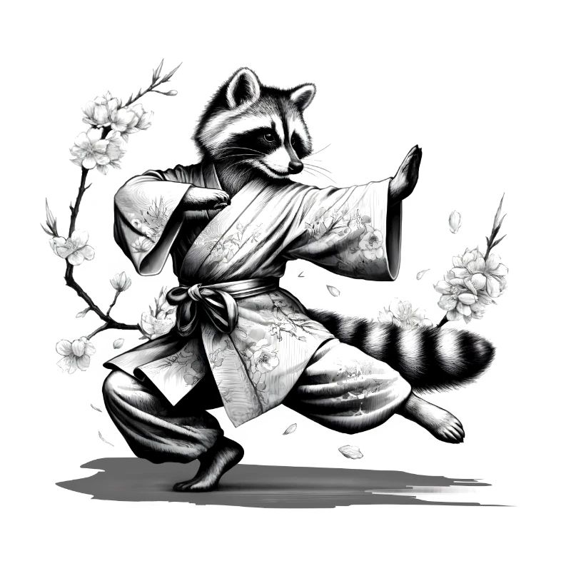 Waschbär mit Kimono in einer Kung Fu Kampfstellung