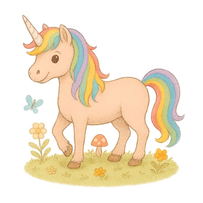 Buntes Einhorn mit Blumen und Schmetterling