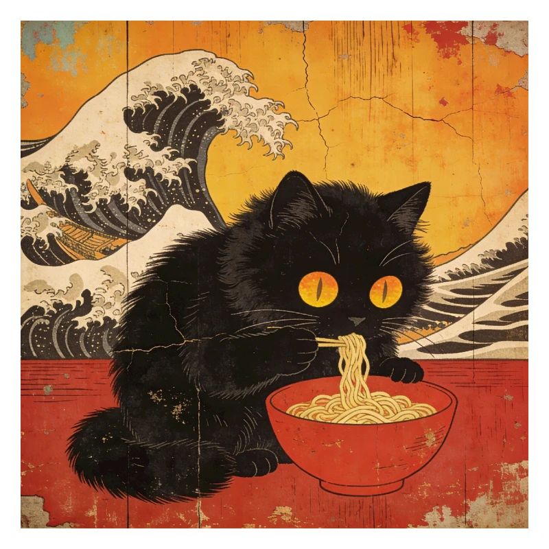 Japan Cat Ramen Noodles Retro Wave Pattern