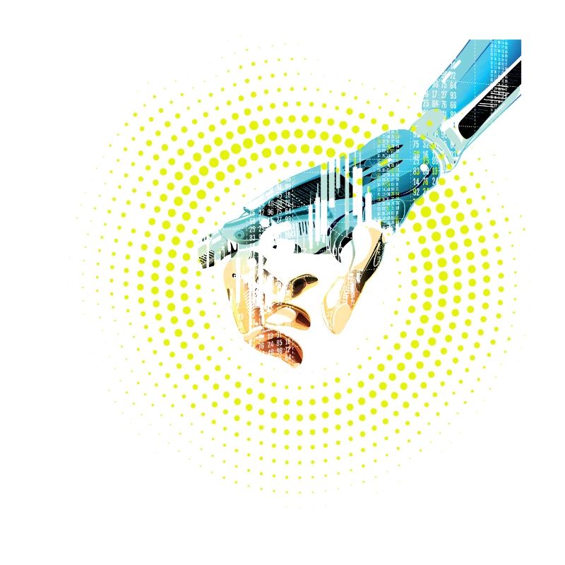ordinateur main robot IA code cyborg numérique pc