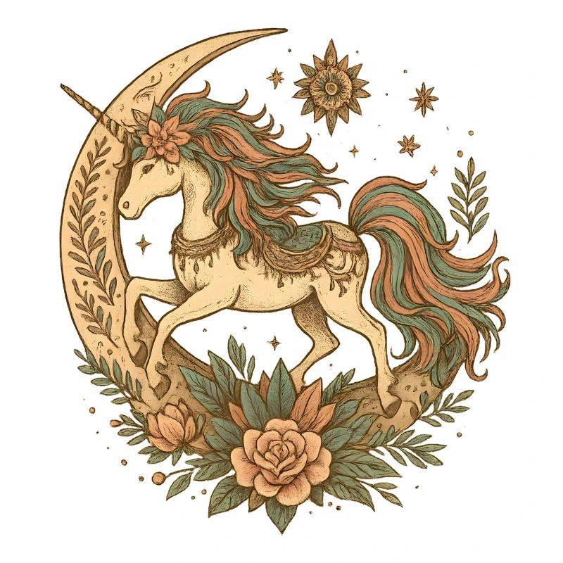 Licorne au clair de lune avec couronne de fleurs